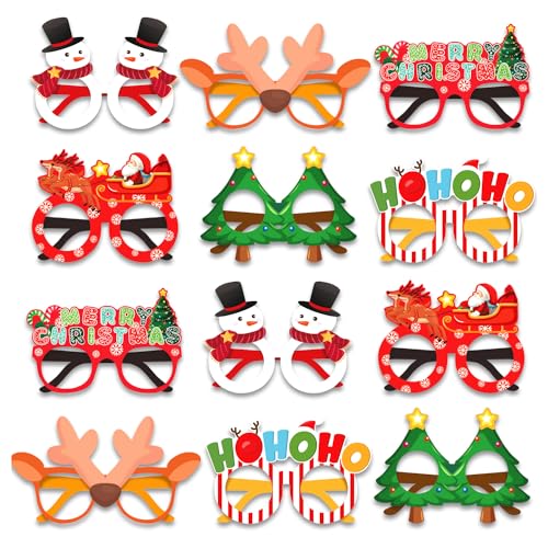 PARTYWIND Christmas Eyeglasses for Kids, Christmas Paper Glasses for Party Decorations Costume, Xmas Holiday Party Supplies Favors, Antler Santa Snowman Photo Booth Props (12 Styles)