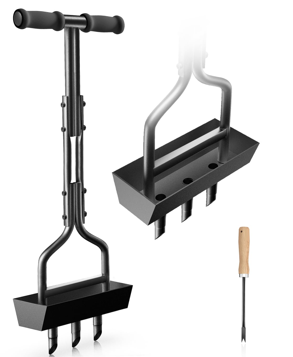Photo 1 of Nucyky Lawn Aerator Coring Tool with Soil Core Tray, Manual Garden Plug Aerator for Grass Aeration, Yard Aerator & A Cleaning Tool for Compacted Soil, Lawn Care, 38”,Patented, Black Handle