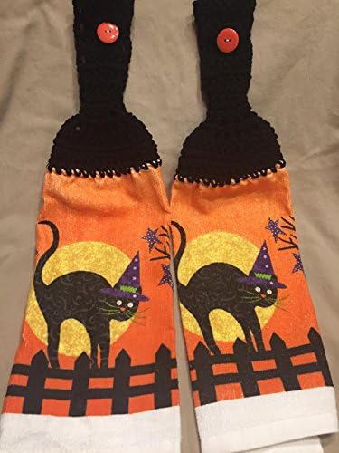 Free shipping to USA included in price - 2 CROCHET KITCHEN hand TOWEL LIGHT terry cloth - Halloween Witch Hat Cat on a Fence - BLACK acrylic yarn top - smoke free - pet free