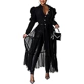 Ekaliy Women’s Sexy Blouses Tunic Long Ruffle Sleeve Button Down Shirt Sheer Mesh Maxi Dress with Belt