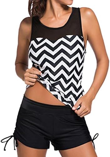 Mallcat Women Ladies Sexy Tankini Sets With Shorts Swimsuits Stylish Elegant Causal Ripple Print Drawstring Bathing Suit Coverups Swimwear Swimming Costume (Black, M)