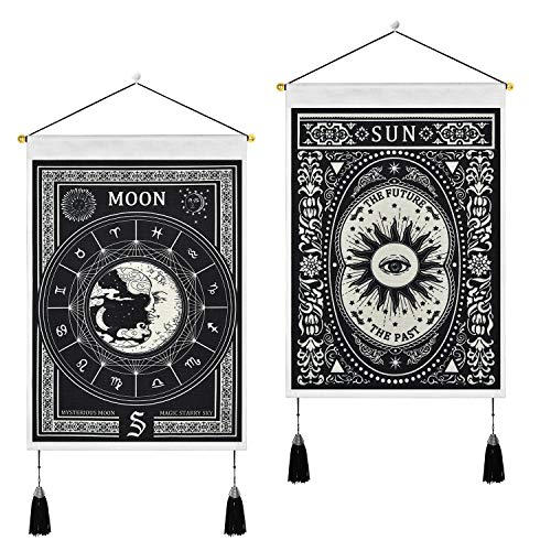 Pack of 2 Tarot Tapestry Moon and Sun Tapestry Mysterious Tarot Cards Tapestries White and Black Tapestry Wall Hanging for Room (13.8 x 19.7 inches)