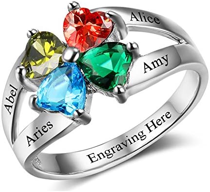 Diamondido Personalized Gift for Mommy Engrave 4 Names 4 Childrens Simulated Birthstone Promise Rings for Women