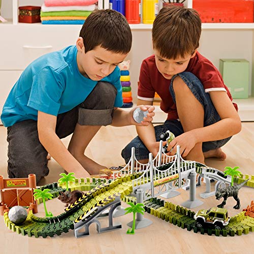 image for CampFENSE Dinosaur Toys (163Pcs Total, 144 Track Pcs) Electric Race Tr