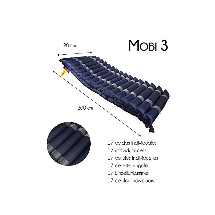 Mobiclinic, Mobi 3, Colchón antiescaras de aire alternante, con motor compresor, TPU Nylon, 200 x 90 x 12.8, 17 celdas, color Azul - Imagen 3