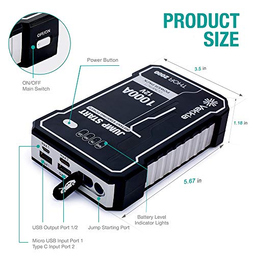 Vekkia Portable Lithium Car Jump Starter Power Pack Battery Booster