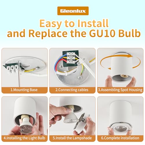Gleonlux Ceiling Spotlight Adjustable White 6 Pcs, Ceiling Spotlights GU10 230 V, Aluminium Internal LED Downlight, Round Ceiling Spotlights, Modern Ceiling Light, with GU10 Socket