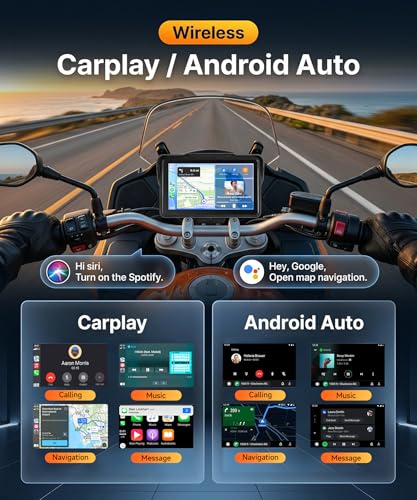 Rimoody Wireless Carplay Display Motorcycle Android Car, 7 Inch Touchscreen Car Play Portable Car Radio for Motorbike, CarPlay Monitor for Motorbikes, Bluetooth / IP68 Waterproof, Voice Control, Ships