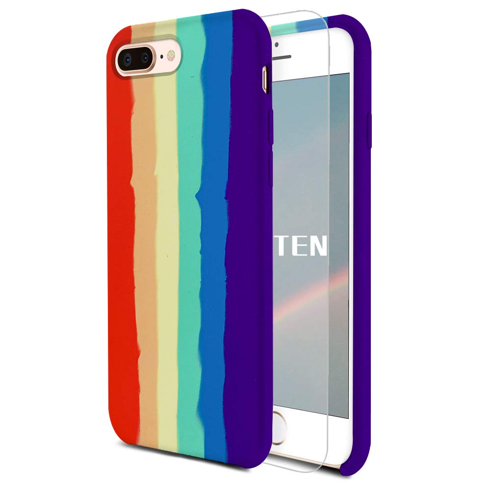 Feyten Compatible with iPhone 8 Plus/iPhone 7 Plus 5.5 Inch Case [with Tempered Screen Protector], Liquid Silicone Gel Rubber Soft Touch Cover Full Protective Case (Rainbow)