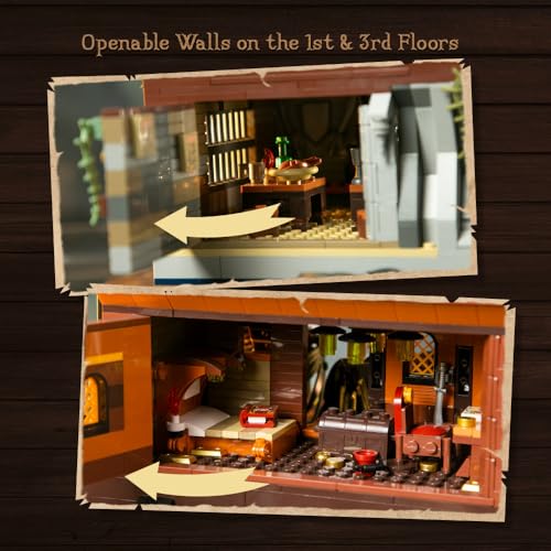 PAN TASY Pirate Tavern Building Set, Modular Wreck Architecture with Terrace Bar, Giant Rum Bottle - Adult Nautical Blocks Kit