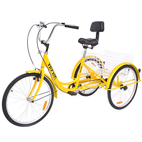 YiiYYaa Adult Tricycle Trike Cruise Bike, 24 Inch Wheel Single Speed 3 Wheeled Bicycle with Large Size Basket for Recreation, Shopping, Exercise (Yellow)