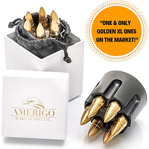 Whiskey Stones Bullets with Base - Gold XL Whiskey Ice Cubes Reusable - Cool Gifts for Men - Set of 6 Whiskey Bullets Stainless Steel in Revolver Base - Chilling Whiskey Rocks Gift Set by Amerigo