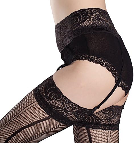 Suspend Stocking With Garter Belts Sets Open Scrotch Fishnet Mesh Back Seams and Lace Design (1 set black)