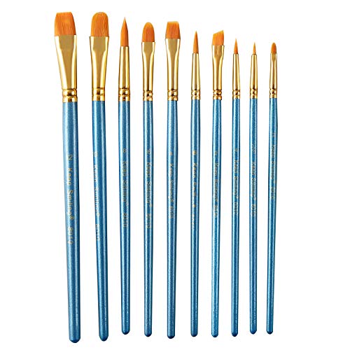 Shukqueen Paint Brush Set 10 Pcs, Blue Rod Nylon Hair Multifunctional Hook Pen for Watercolor, Acrylic, Gouache Painting