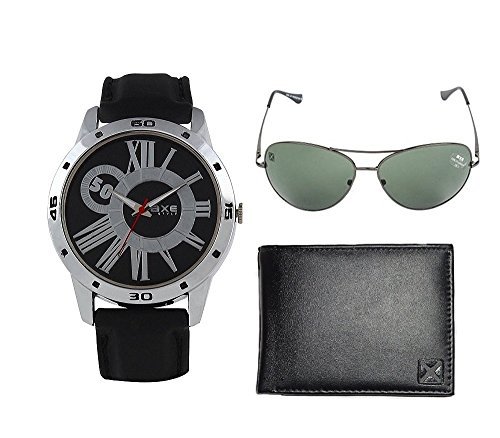 axe style analogue black dial men's combo of watch , wallet and sunglass(x3503wws)
