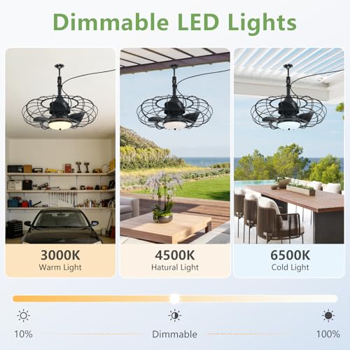 AHAWILL 20" Black Outdoor Ceiling Fan with Light and Remote/APP,3CCT 6 Speed Gazebo Fan Outdoor Hanging Hook,IP65 Waterproof Plug in Ceiling Fan for Patios, Garage, Porch, Pergola,Canopy