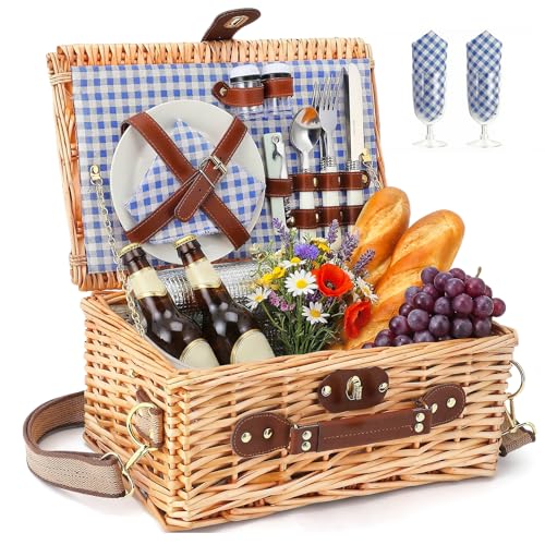 Wicker Picnic Basket Wicker Picnic Basket for 2 Person - Picnic Set with Insulated Compartment, Plates, Cutlery, Wine Glasses, Corkscrew - Perfect for Beach, Country, Park & BBQ Gift