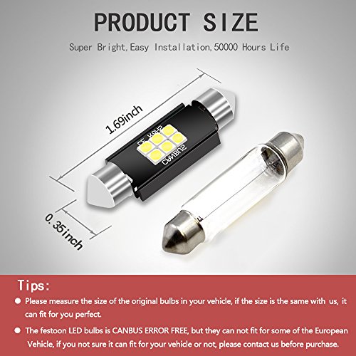 LEDKINGDOMUS 42mm 1.65 Inch 6SMD CANBUS Error Free Festoon LED Interior Map Dome Door Lights Bulbs 211-2 212-2 569 578 6411 (White)