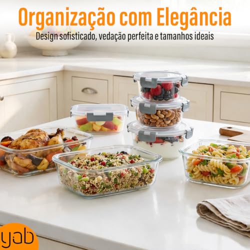 Kit 12 Potes Herméticos Yab Vidro Borossilicato com Tampa Hermética Quadrado Redondo e Retangular Tamanhos Pequeno Médio e Grande Alta Durabilidade e Resistência Térmica para Alimentos