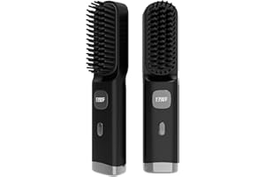 AMAZEBRA Cordless Hair Straightener Brush Portable on The go Comb for Travel 30s Fast Heating USB Rechargeable Dual Power Supply LCD Display with Pouch (Black)