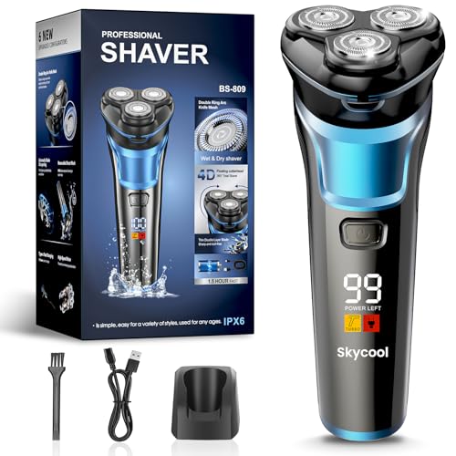 Skycool Men's Electric Shaver, 3-in-1 Electric Shaver for Men Wet and Dry, IPX7 Waterproof Rotation Shaver with Pop-Up Trimmer & LED Display, Quick Charge, Gifts for Men