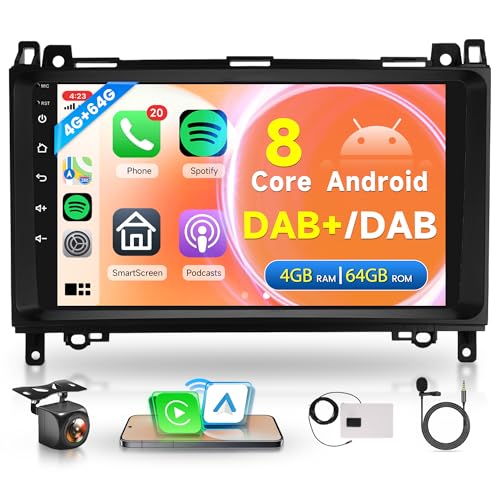 8 Core 4G+64G DAB+ Android Car Radio for Mercedes Benz A/B Class W169 W245 B200 W639 Vito Viano W906 Sprinter 9 Inch Car Radio with Wireless Carplay Android Car GPS Navi WiFi Bluetooth FM/RDS/DAB