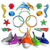 Blasoul 23 Pack Diving Pool Toys Underwater Swimming/Diving Pool Toy Rings for Kids Includes 4 Diving Rings,5 Shark Pool Toy,14 Shining Underwater Dive Gem Pool Toy Set Non-Toxic Safe for Kids
