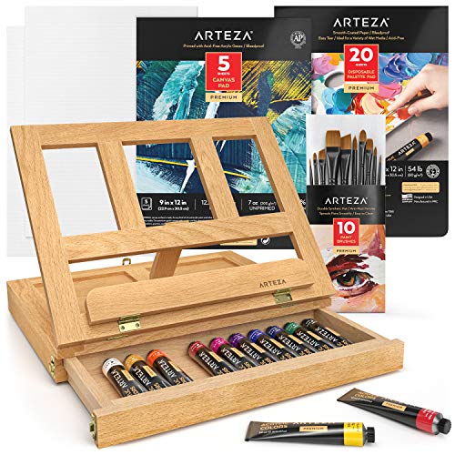Arteza Acrylic Art Set, Includes Tabletop Easel, 12 Acrylic Paint Tubes