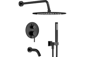 Gabrylly Black Shower System with Tub Spout, Bathtub Shower Faucets Set with 3-Way Shower Valve, High Pressure 10" Rain Shower head with Handheld Spray Combo, Wall Mounted Tub Shower Kit, Matte Black