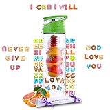 DIY Fruit Infuser Water Bottle 25 oz Detox Flip-Top Leak Proof BPA-Free Tritan with Recipe Book Birthday Gifts for Women Green