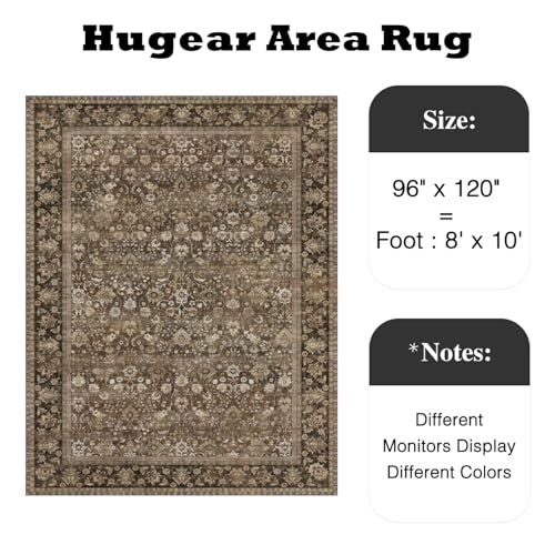 Hugear 8x10 Machine Washable Vintage Area Rug Neutral Brown Distressed Floral Persian Low Pile Rug Non Slip Soft Indoor Large Carpet for Living Room Bedroom Dining Office