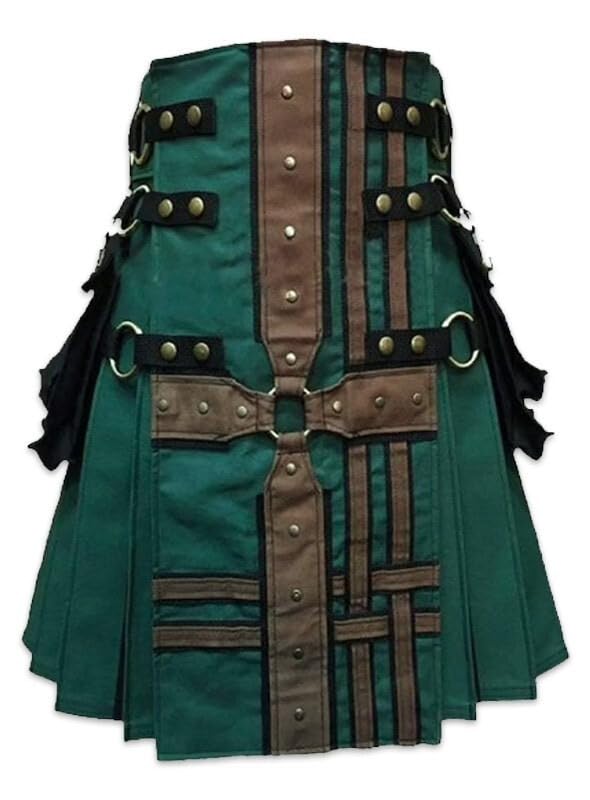 Medieval Modern Utility Kilt, Hunter Green with Brown Leather Accents, Metal Rings and Studs (32 inches / 81 cm)