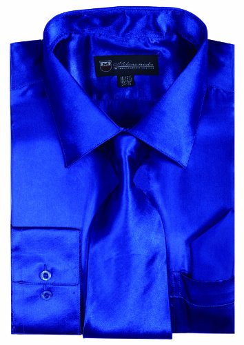 Milano Moda Satin Classic Dress Shirts with Tie & Hankie SG08-RoyalBlue-16-16 1/2-34-35