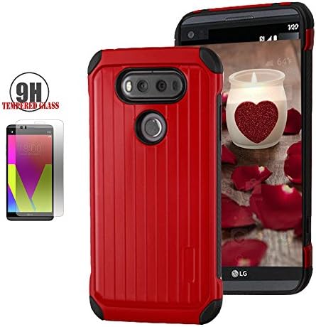 LG V20 Case, Casey Suitcase Design Hybrid Poly-carbonate and Soft TPU [Slim Fit] Protector Cover [Tempered Glass Screen Protector Included] (Red)