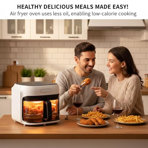 7.4QT Air Fryer with Glass Bowl, Visible Window Lid, Digital Control, 360° Rapid Air Circulation, for Healthy Oil-Free Cooking & Baking, Dishwasher Safe, Nonstick, Easy Clean (White)