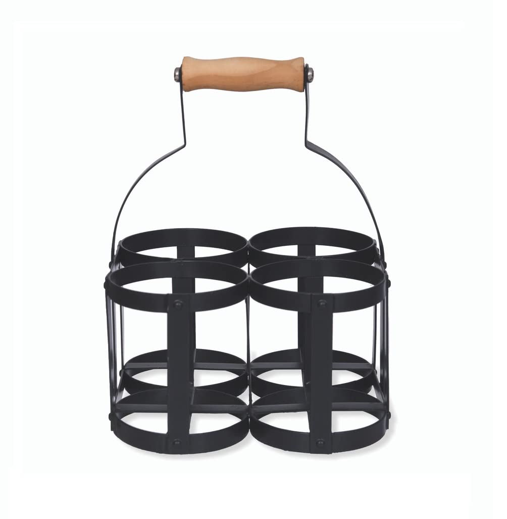 Garden Trading Original Milk Bottle Holder For 4 Bottles Crafted in Blacked Powder Coated Steel & a Beech Handle | H24 X W17 X D18cm | Designed To Fit Standard 1 Pint Glass Bottles Only