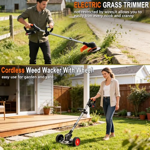 21V Cordless Weed Wacker with Wheels, 3-in-1 String Trimmer, Lawn Edger & Brush Cutter for Thick Weeds, 2 Batteries, 4 Types Blades, Adjustable Height, 90° Pivot Head, Lightweight Yard Tool