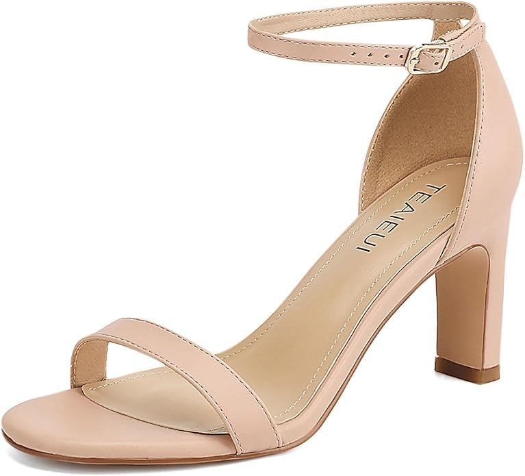 Photo 1 of TEAIEUI Nude Heels for Women Round Toe Heeled Sandals Chunky High Heels with Ankle Strap for Women Dressy Block Heels 8.5