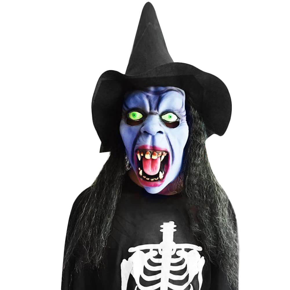 Halloween Old Woman Witch Mask With Hair and Hat - Full Head Wizard Horror Latex Mask With Hoodie - Scary Full Face Cosplay Costume Accessory