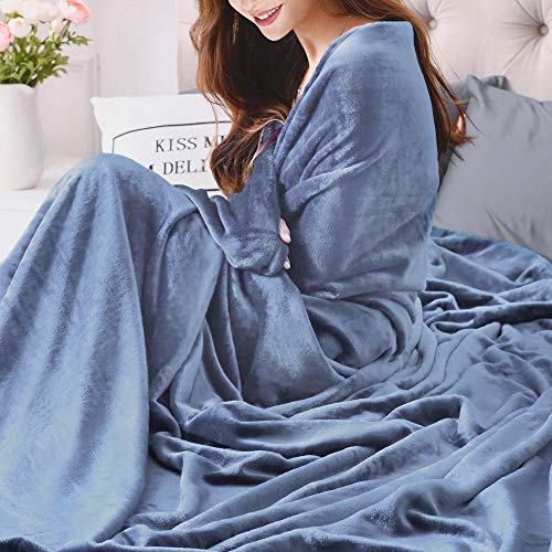 kawahome Washed Blue King Flannel Fleece Luxury Blanket Super Soft Plush Microfiber Solid Cozy Fuzzy Blanket for Bed Lightweight Couch/Sofa Blanket (108 x 90 Inch)