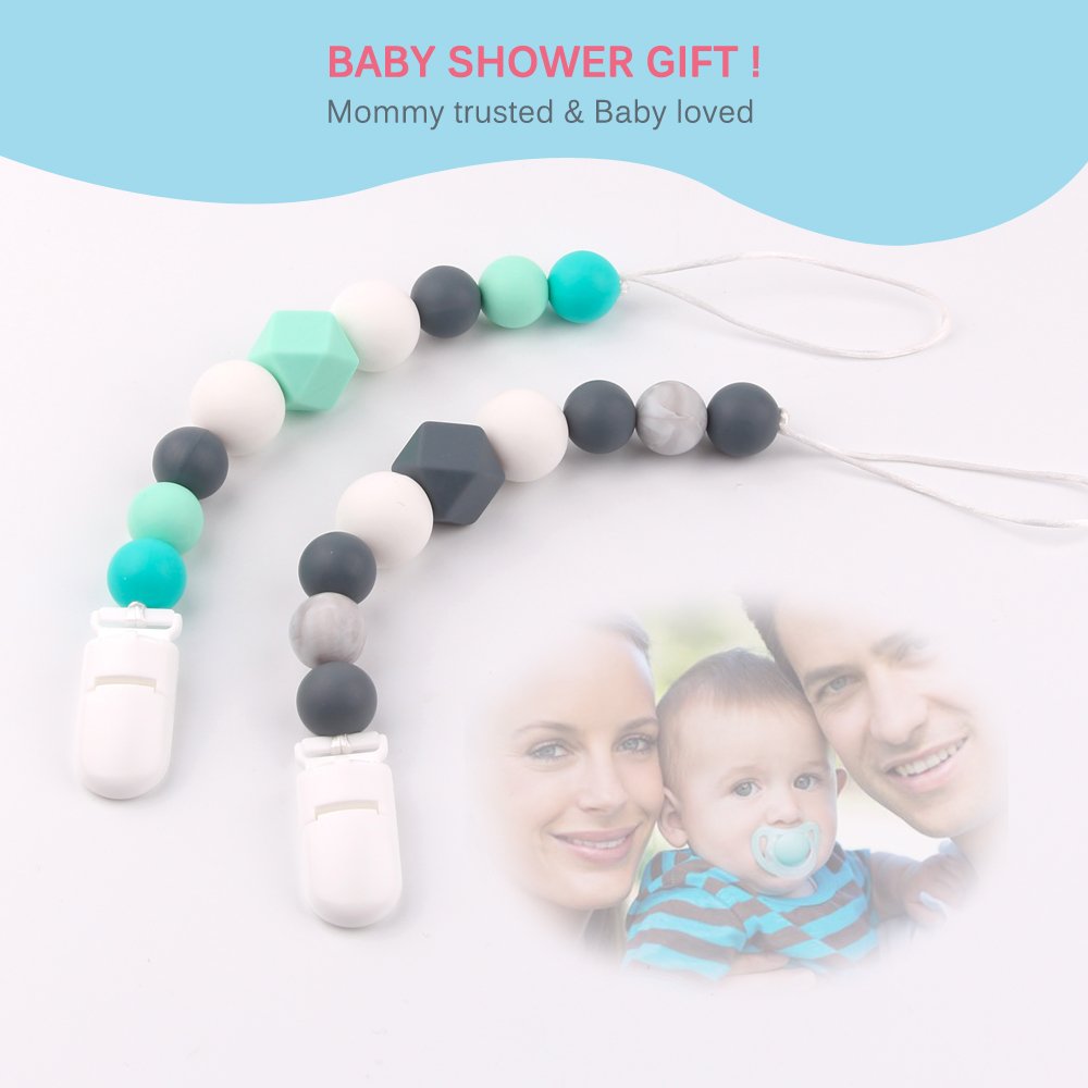 TYRY.HU Pacifier Clips Boys Baby Paci Clip Silicone Teething Beads Soothie Binky Holder Teether Toys Birthday Christmas Shower Gift (Green, Gray) : Baby