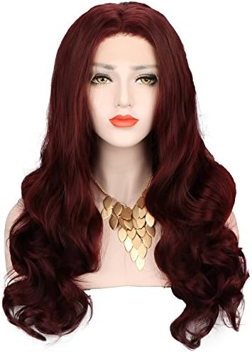 Nantansha Women's Fashion Body Wave Burgundy Lace Front Wig Wine Red Middle Part Synthetic Heat Resistant Fiber Hair Wig 20 Inches