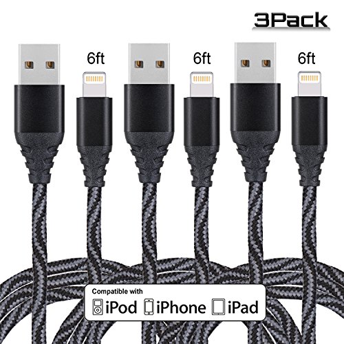 EverDigi 3Pack 6FT Lightning to USB Cable, Premium Nylon Braided Charging Cable Cord Compatible with iPhone 7/ 7 Plus/6/6s/6 plus/6s plus, iPhone 5/5s/5c,iPad, iPod & More (Black)