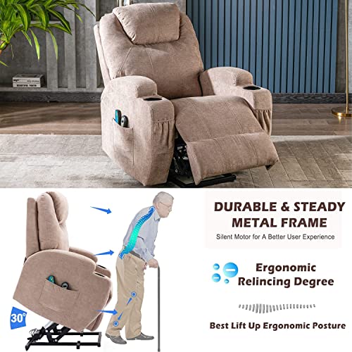 Power Lift Recliner Chair Massage Chair for Elderly, Electric Lift Chair with Heat and Massage, Fabric Recliner Sofa with 2 Cup Holders, Side Pockets & Remote Control for Living Room (Light Brown)