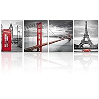 Visual Art Decor Black and White Red Image Wall Decor Prints Living Room San Francisco Golden Gate Bridge Eiffel Tower London Booth Big Ben Picture Framed Canvas Wall Art (Medium)