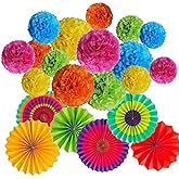SUSIFT 21-Piece Fiesta Party Decorations Set, Colorful Paper Fans & Tissue Paper Pom Poms for Birthday Wedding Mexican Theme Decor, Cinco de Mayo Backdrop Supplies