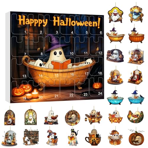 Halloween Ghost Hanging Ornament Advent Calendar,24 PCS Ghost Bubble Bath Ornament Advent Calendar,Spooky Ghost Reading Book Decor for Halloween Lovers,Bookworms (A)