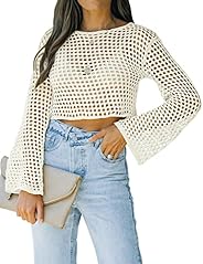 Womens Fishnet Crochet Crop Top Sexy Long Sleeve See Through Hollow Out Mesh Bikini Cover Ups