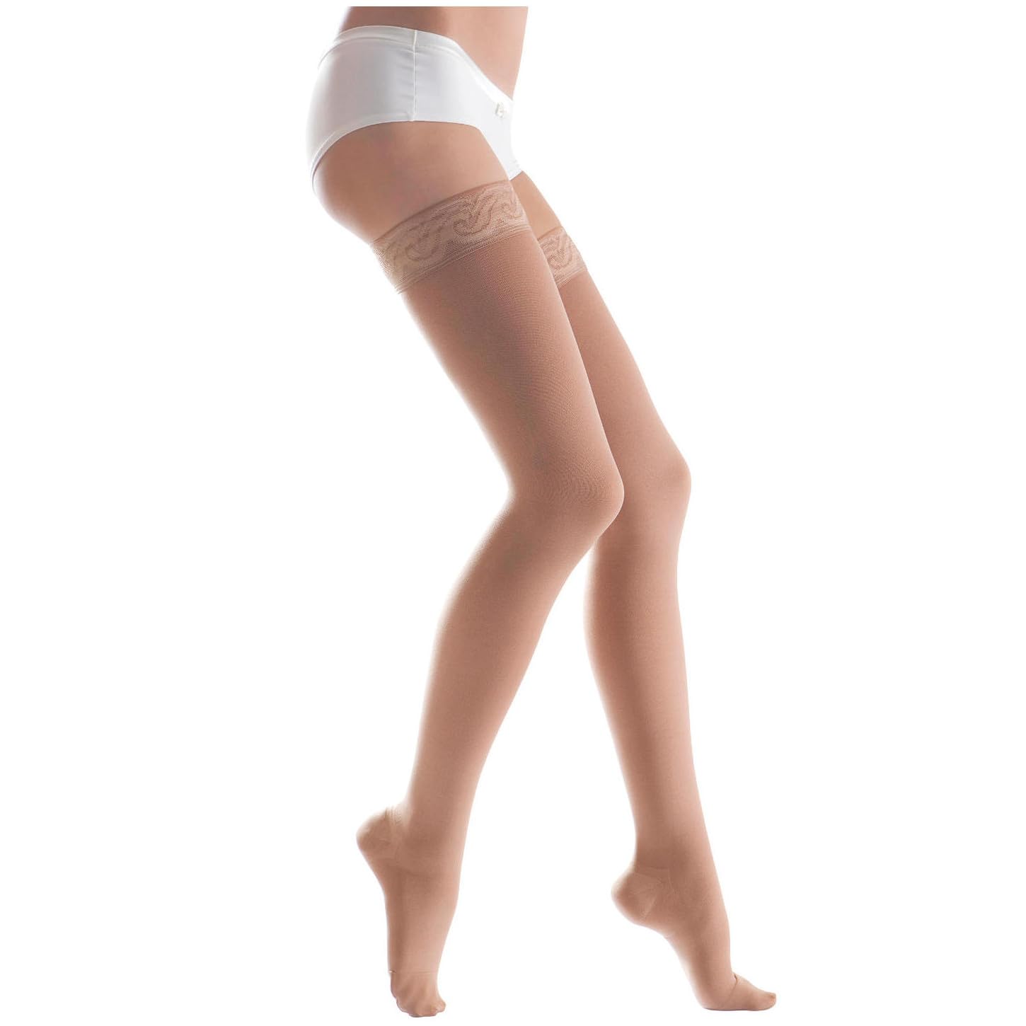 Lauma Medical, 23-32 mmHg Medical Compression Stockings Class 2 with Lacy-striped, Varicose Veins, Often Swelling in Legs, Pain in Calves and Feet (Short, L-Size, Beige)