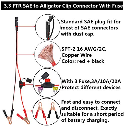 Sae Quick Release Charger Kit,SAE To Alligator Clips Connector Cable With Fuse,SAE Extension To 12V Cigarette Lighter Female Socket And Male Plug,3.4 FT 16AWG Heavy Duty Cord (3 Pack)